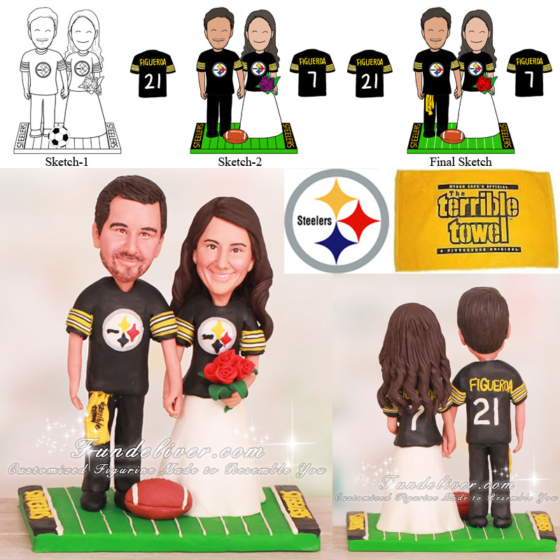 Steelers Cake Topper with a Terrible Towel in Groom's Side Pocket